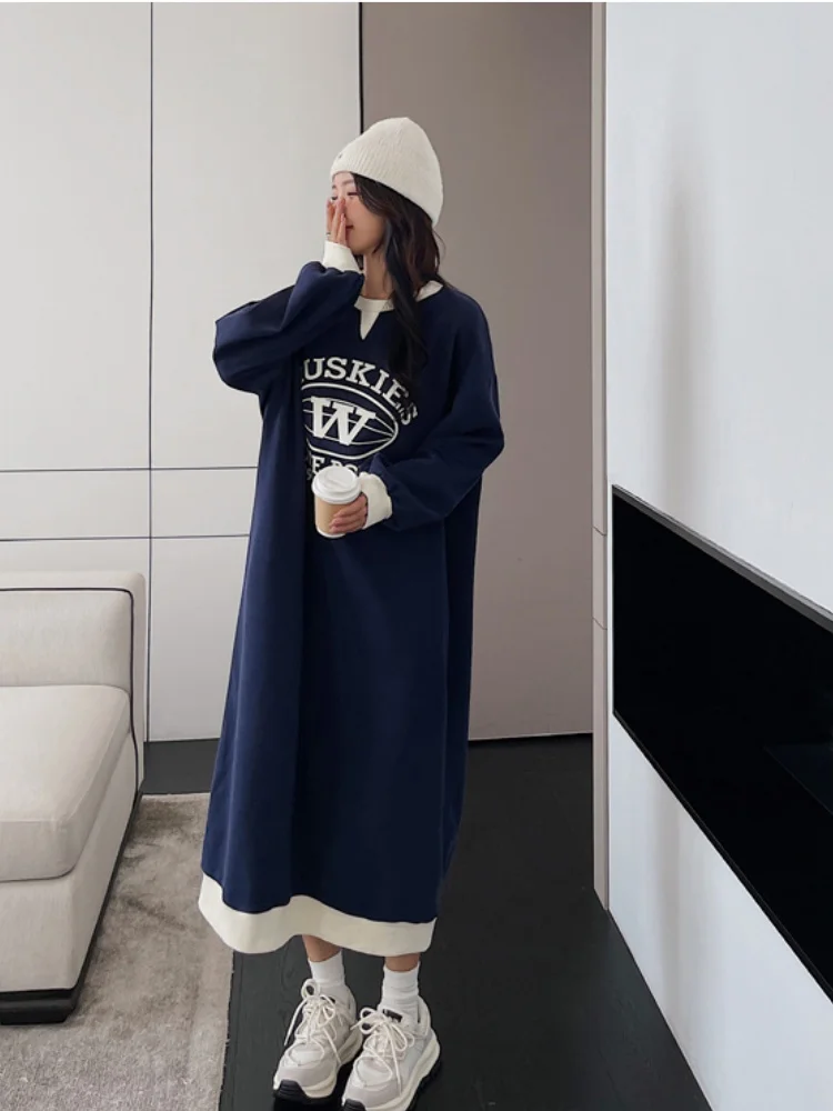 Vestido longo solto e emagrecedor, Hoodie de retalhos impresso na moda, outono e inverno, novo