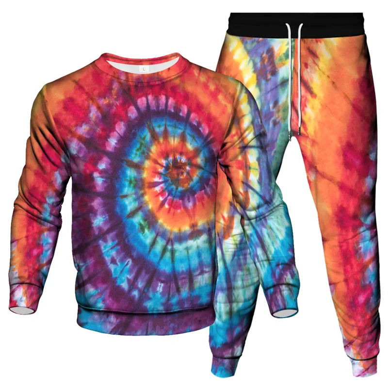 Colorful Vortex Tie Dye 3D Print Men Sportswear Set Long-Sleeved T Shirt Pants 2-Piece Set Oversized Pullover Men Clothing