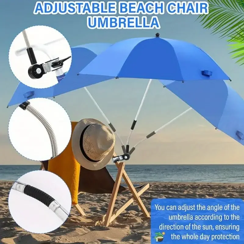 مظلة خارجية محمولة مع مشبك، يمكن استخدامها في سيناريوهات مختلفة، دوران 360 درجة، قابلة للتعديل، مقاومة للحرارة والشمس، مناسبة للتخييم، وكراسي الشاطئ، والكراسي المتحركة، والفناء، وما إلى ذلك