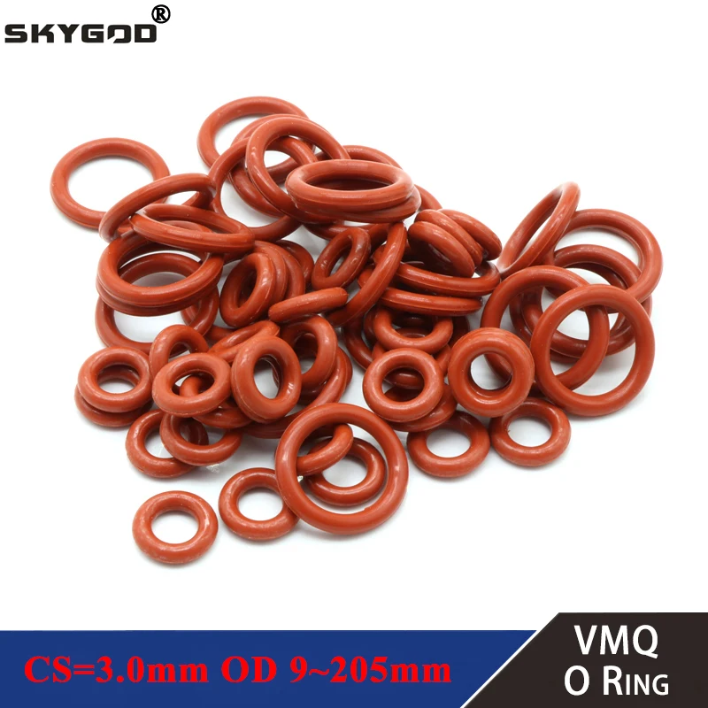 10Pcs Red VMQ Silicone O Ring CS 3mm OD 9 ~ 205mm FoodGrade Waterproof Washer Rubber Insulated Round Shape Seal Gasket