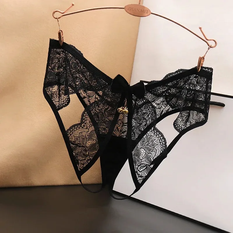 Women's Sexy Hollow Out Thong Lingerie Open Crotch Underwear Lady's Crotchless French Style Lace See Panties with Bow