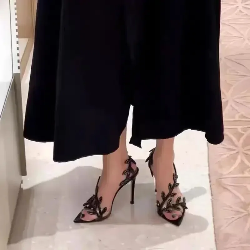 Summer New 2025 Golden Branches and Jade Leaves High Heels Black Pointed Tip Sexy French Sandals Open-toed Stiletto Tip view 6