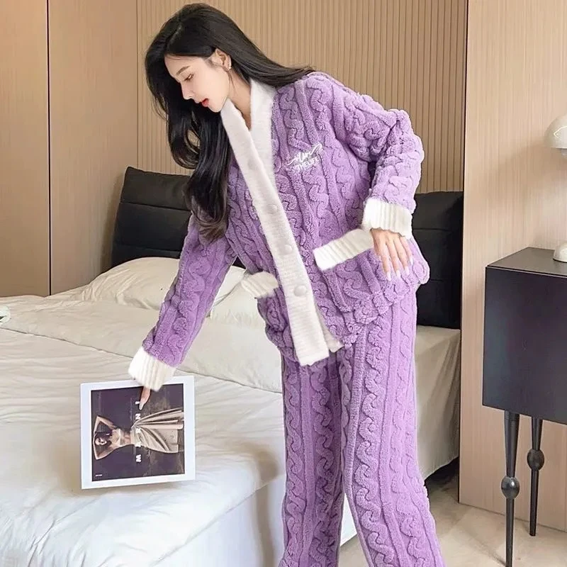 

2 шт./компл. женские фланелевые пижамы, осенне-зимняя студенческая домашняя одежда с утолщенной подкладкой, теплая домашняя одежда из кораллового флиса, костюмы