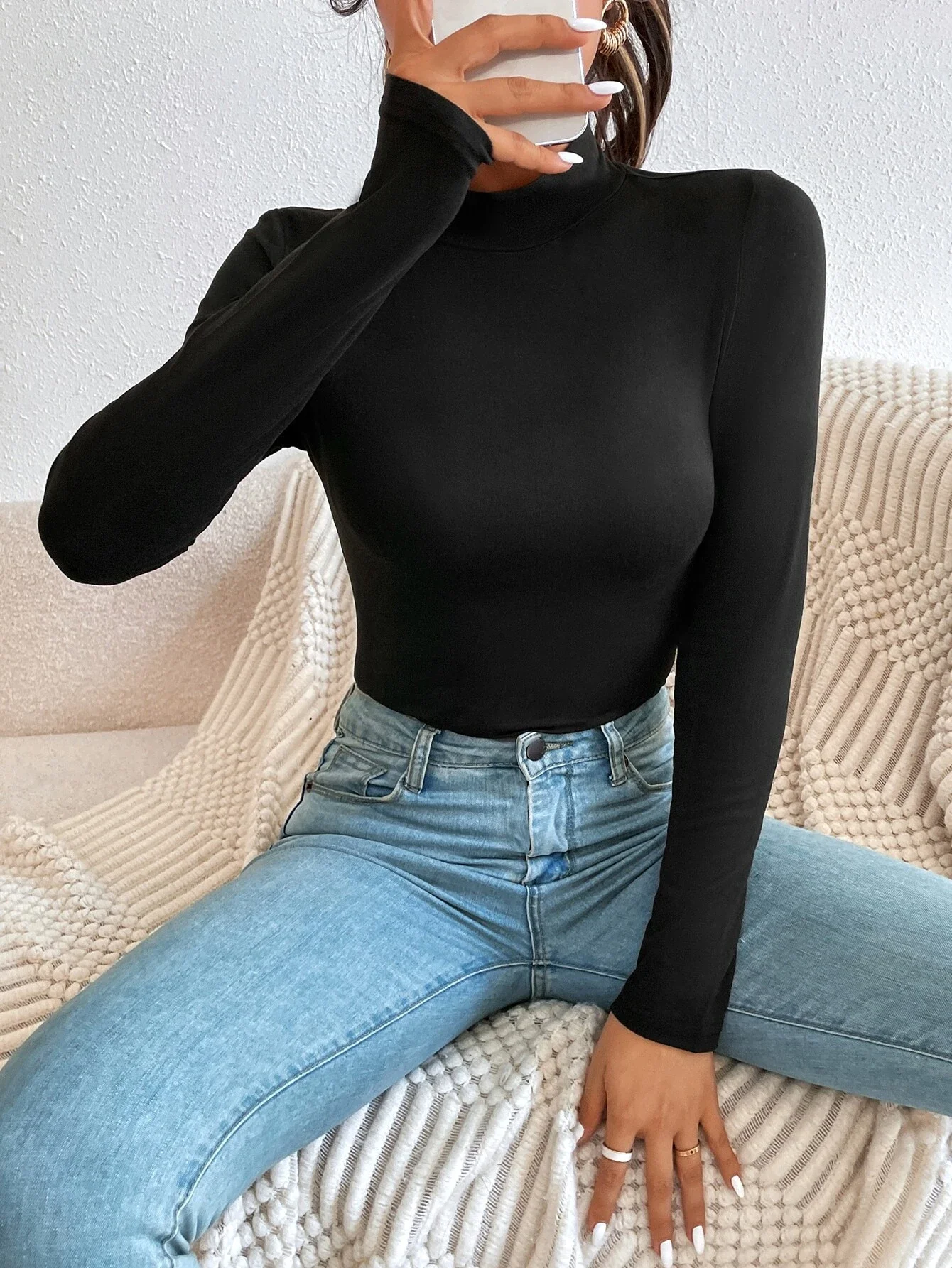 

Women's Plain Mock Neck Tight Long Sleeve Tee, Casual Long Sleeve T-Shirt for Fall and Winter, Women's Clothes for Daily Wear