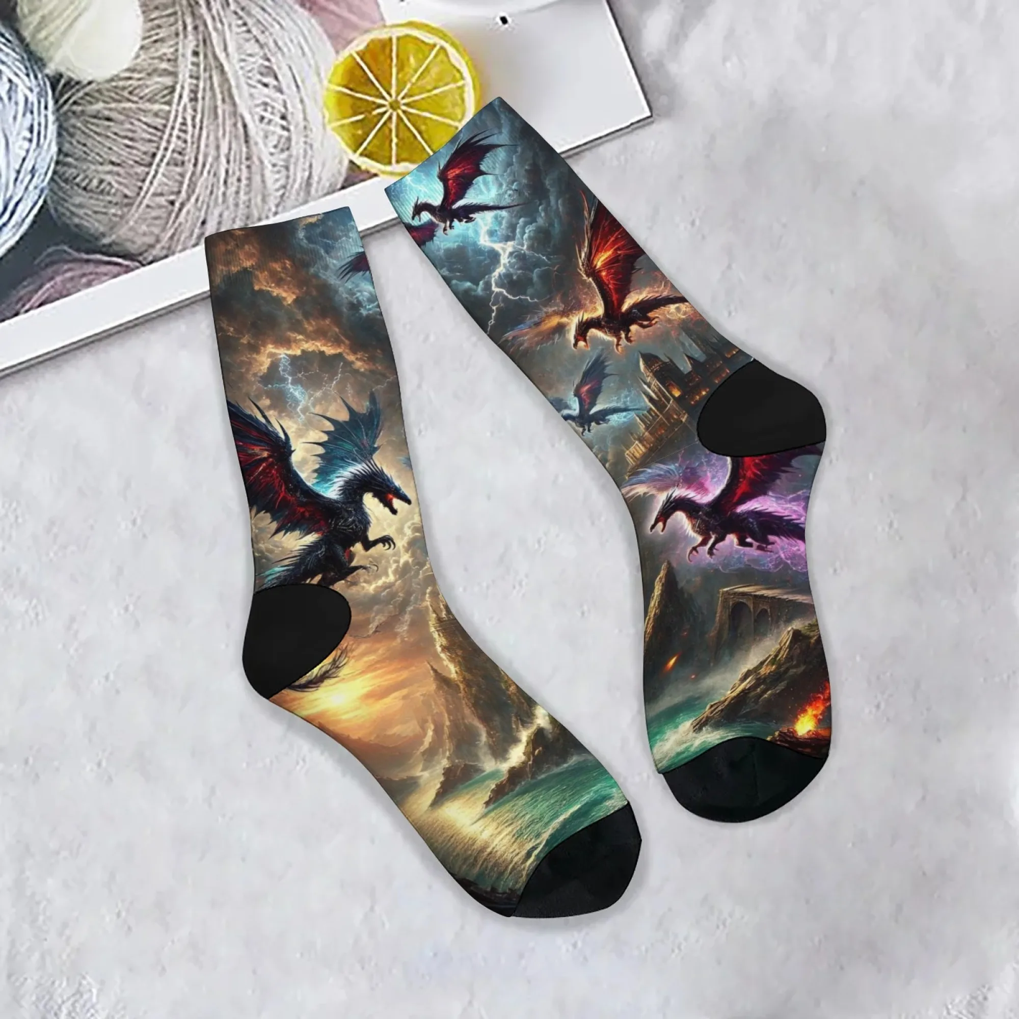 

Dragon and Castle Theme Men's Socks Comfortable Breathable Non-slip Casual Socks Novelty Harajuku Street Hip-hop Crew Socks Gift