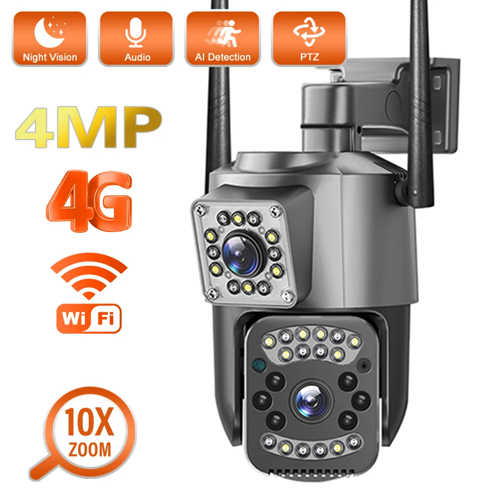 

4MP 2K PTZ IP Camera Wifi 4G Sim Card Dual Lens 10X Zoom Outdoor Security Camera Night Vision Surveillance CCTV Cameras V380 Pro