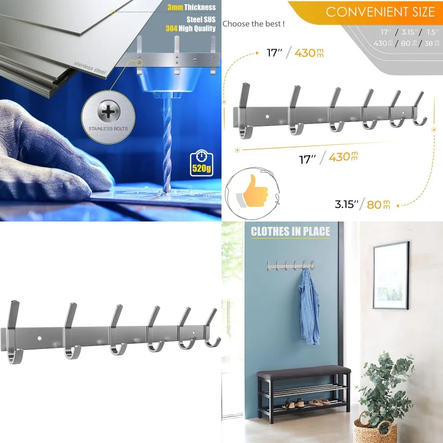 

Wall Mount Coat Rack in Brushed Nickel Finish 17 Inch Stainless Steel Hook Rail with 6 Heavy Duty Double Coat Hooks for Entrywa