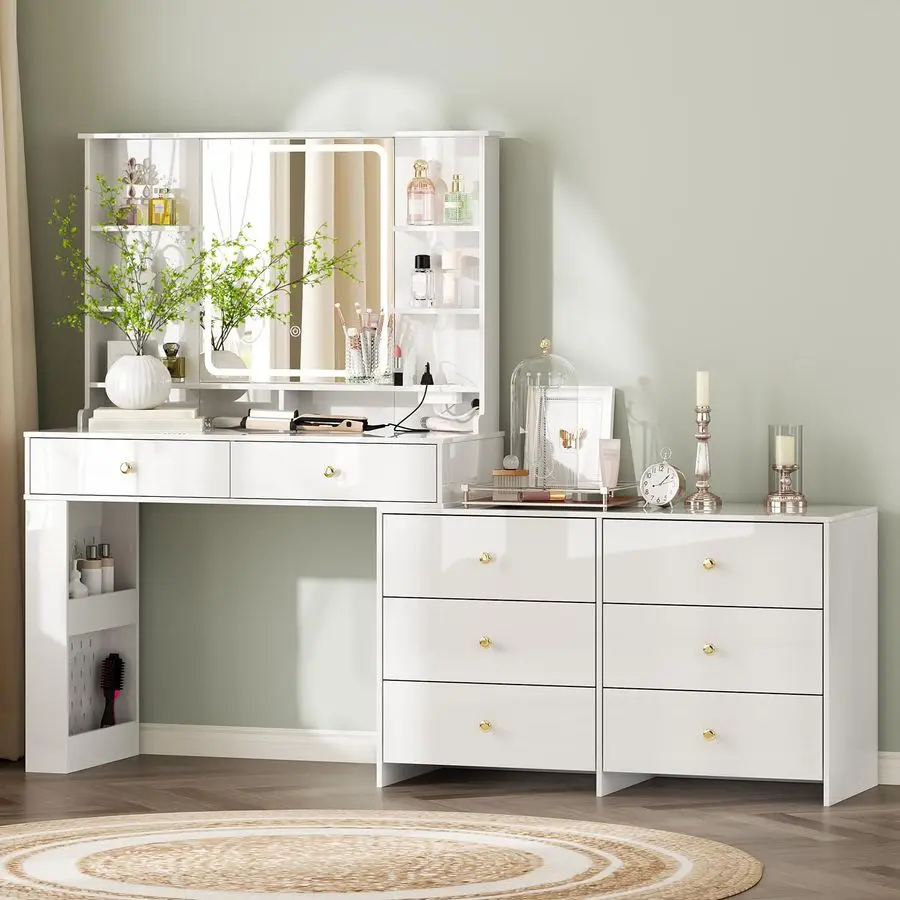 

Vanity Desk with Mirror and Lights, Vanity Desk with 8 Drawers amp Storage Shelves, Vanity Table with Power Outlet, 3 Color Mode