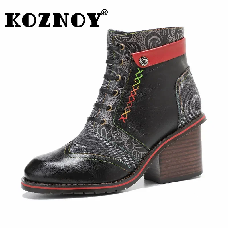 

Koznoy 6cm New In Women's Boots Features Print Cloth Sheepskin Leather Sewing Autumn Spring Ankle Plus Size Novelty Ladies Shoes