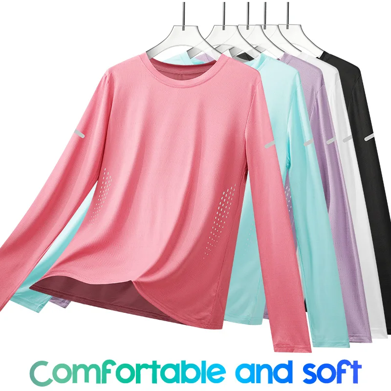 Women Running Long Sleeve T-shirts Sun Protection Sports Shirts Quick Dry Breathable Top Jogger Workout Pullover Top Sportswear