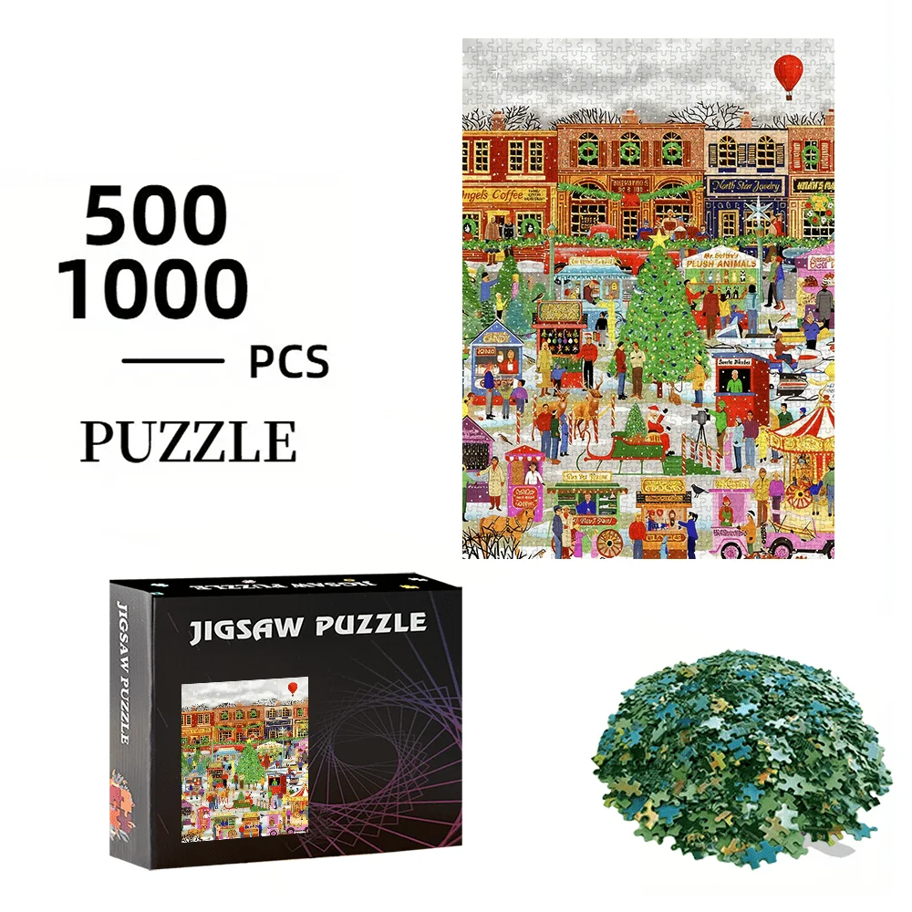 Festive Christmas Town Market Scene Jigsaw Puzzle Adult Holiday Theme Intellectual Game Home Leisure Decorative Puzzle Toy