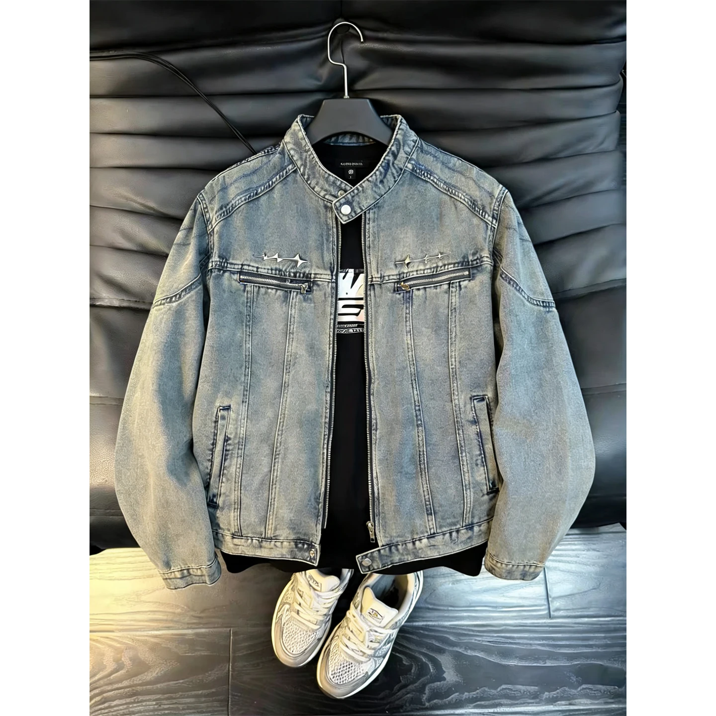 

Мужская джинсовая куртка в стиле ретро с отложным воротником, американского кроя, с эффектом потертости, повседневная, премиум-класса, уличный стиль