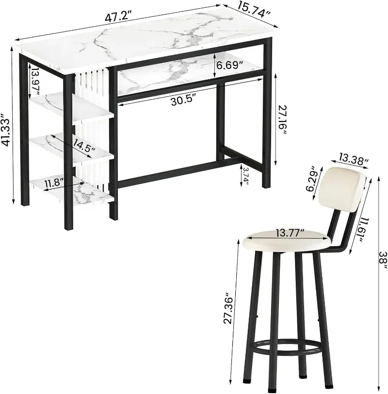 AWQM 3-Piece Bar Table and Chairs Set, Modern White Faux Marble Table with 2 PU Cushion Bar Stools, Kitchen Counter with 3 Tier