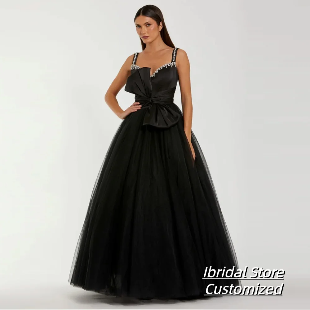 맞춤형 스파게티 스트랩 크리스탈 블랙 새틴 주름 드레스 이브닝 드레스 파티 프롬 가운 정장 드레스