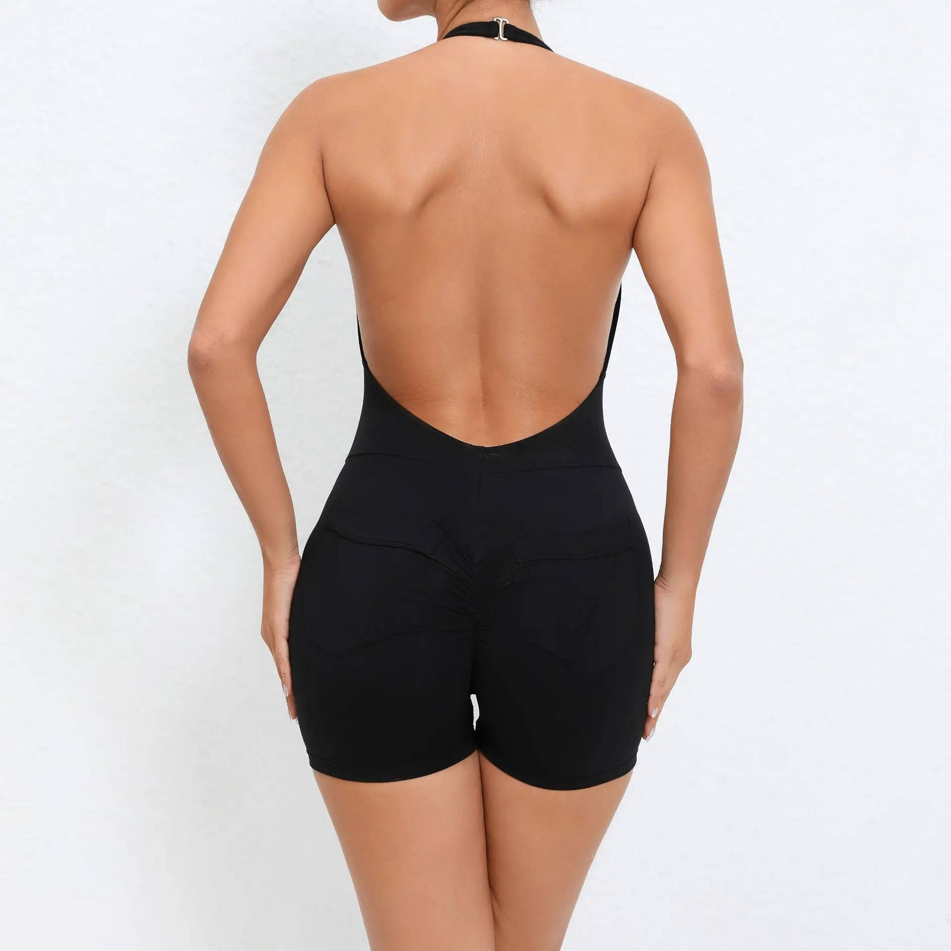 Macacão de uma peça com decote em v sem costas para mulheres terno esportivo yoga macacão roupas esportivas com bolso sem mangas treino bodysuits feminino