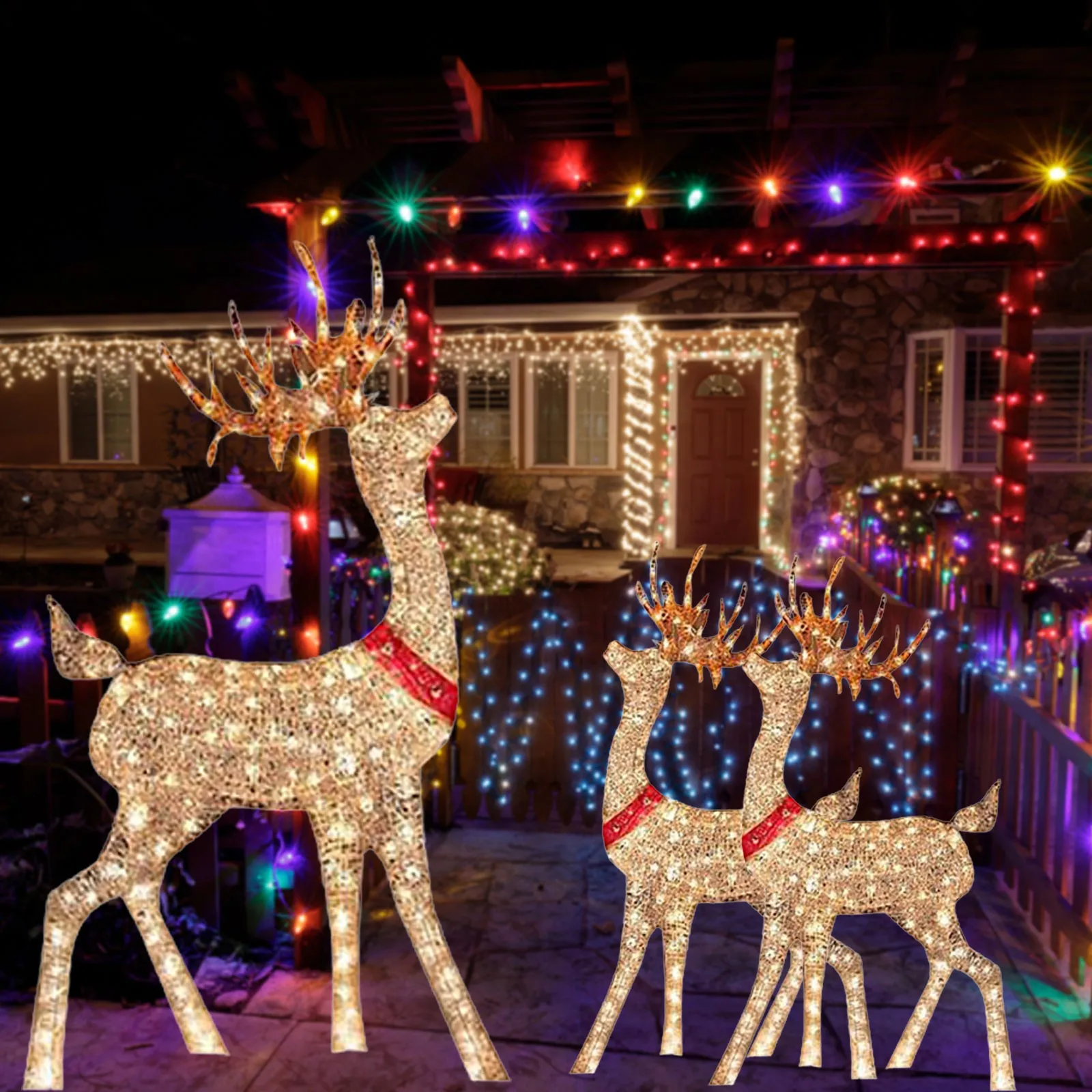 Lighted Christmas Deer Sleigh Outdoor Indoor Yard Lawn Decoration For Front Yards With Led Lights Light Up Bucks Party Decor