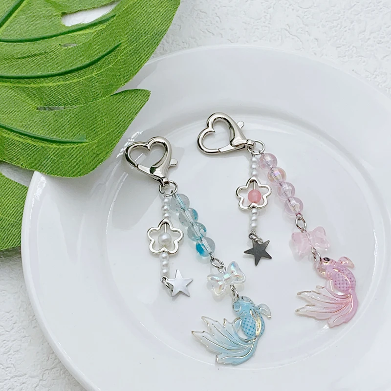 1PC Small Fresh Koi Five Pointed Star Bow Bead Keychain Bag Pendant Jewelry Female Gifts DIY Accessories