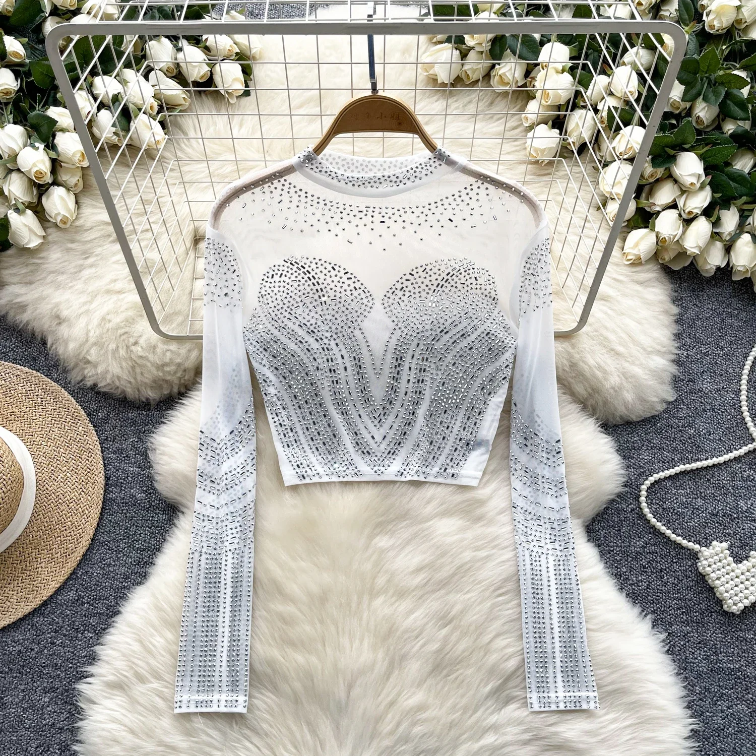 2025 ฤดูร้อนใหม่เซ็กซี่ Blink Beading Tops ผู้หญิงแขนยาว O คอ INS สุภาพสตรี Chic แฟชั่นเงา Slim Club Party เสื้อ