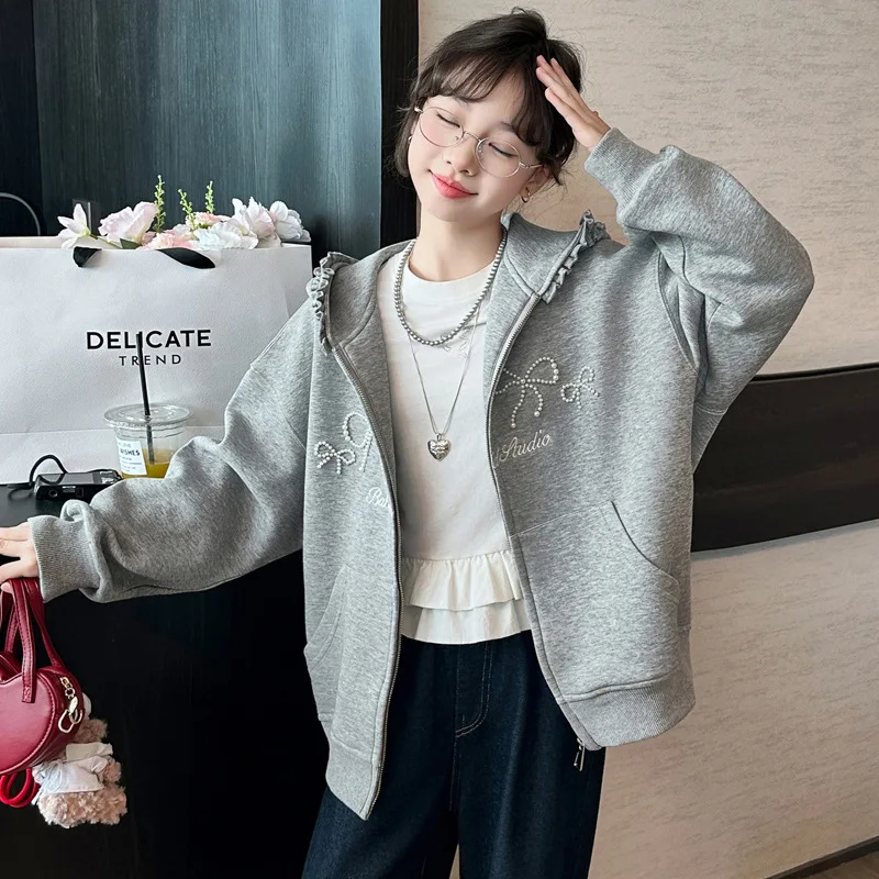 

Teenager Girls Coat Autumn Junior Girls Letter Printed Pearl Top Children Girls Loose Solid Long Sleeves Hooded Outerwear