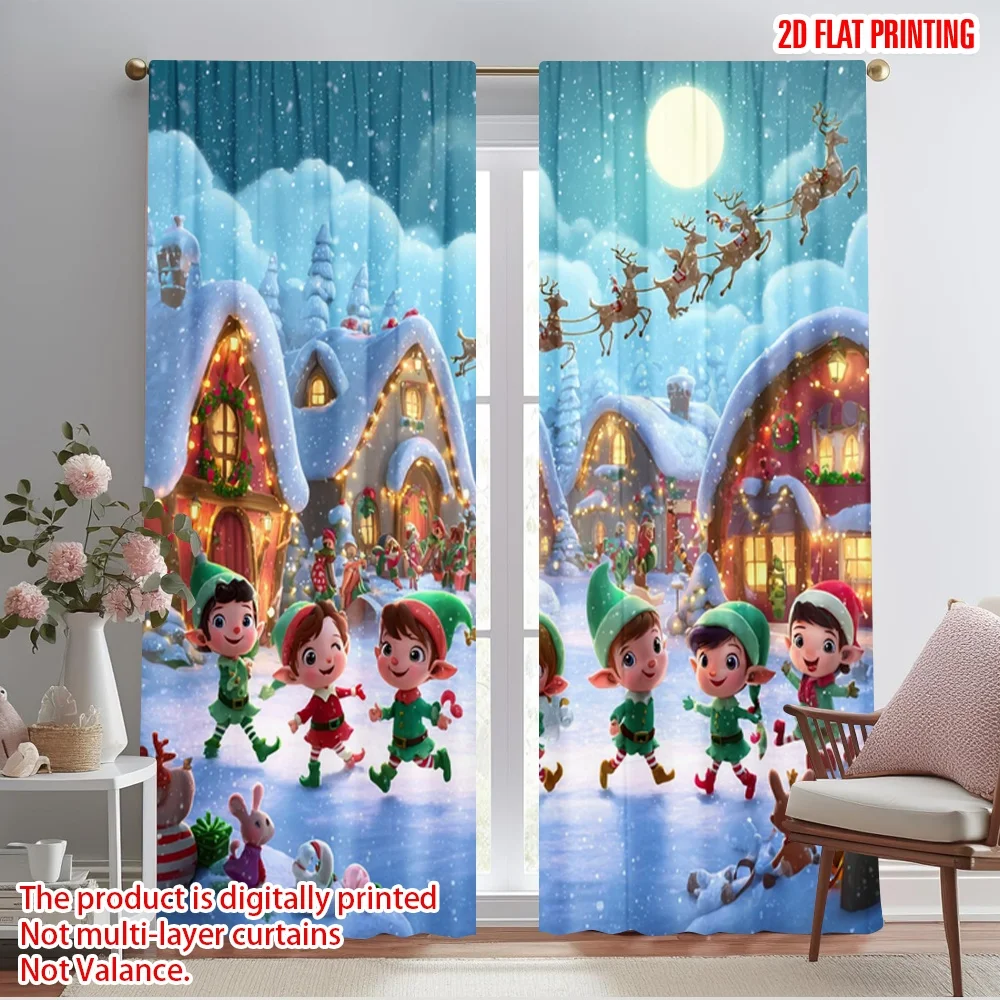 2pcs,2D plane printing Curtain Popular Joyful Elves Playing in a Festive Light Versatile Durable Polyester (without rod) Art