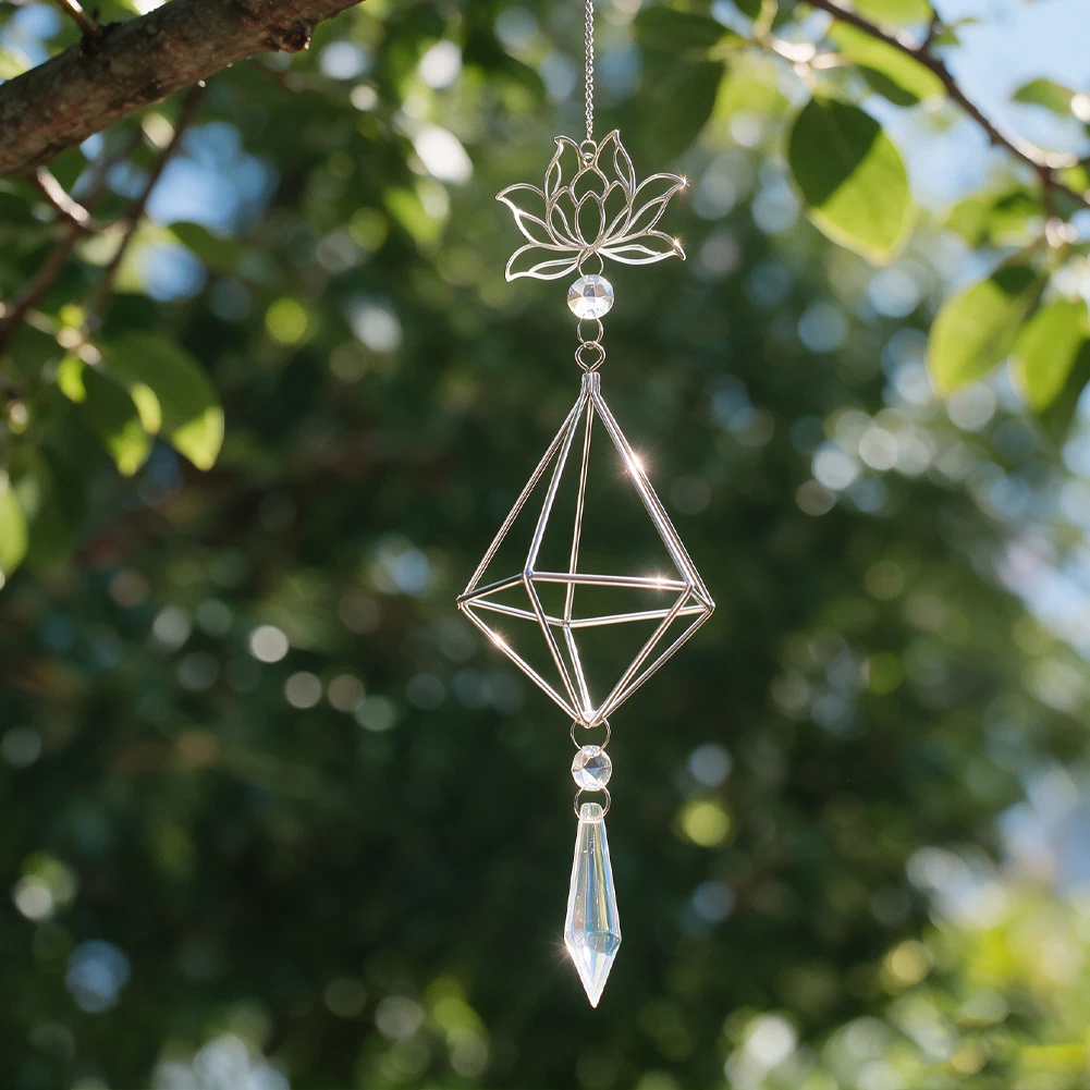 Suncatcher Lotus Metal Frame Hanging Air Plant Holder Boho Icicle Crystal Rainbow Maker Meditation Pendant Window Garden Decor