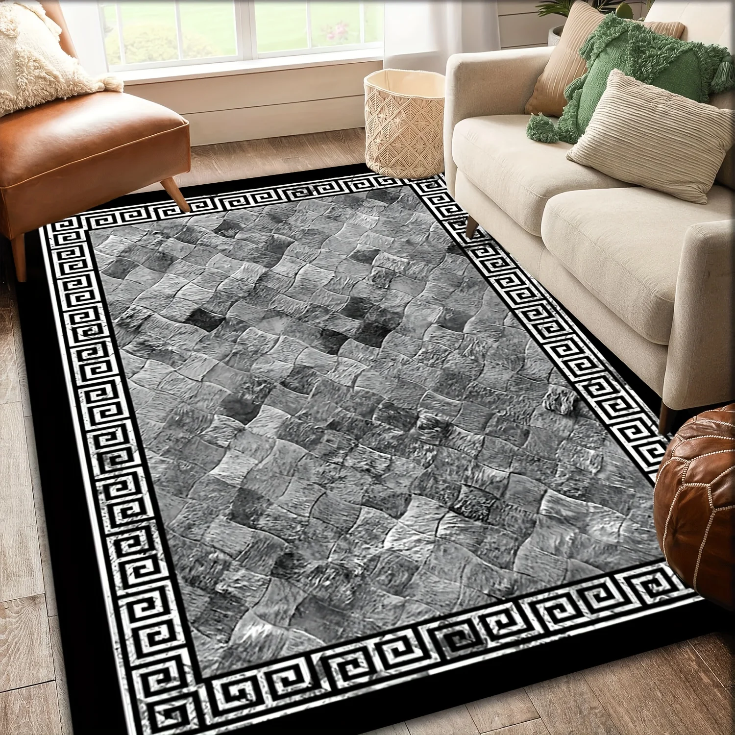 Greek Key Border Print Flannel Area Rug Stone Texture Design Floor Mat for Living Room Bedroom Home Decor Soft Non Slip