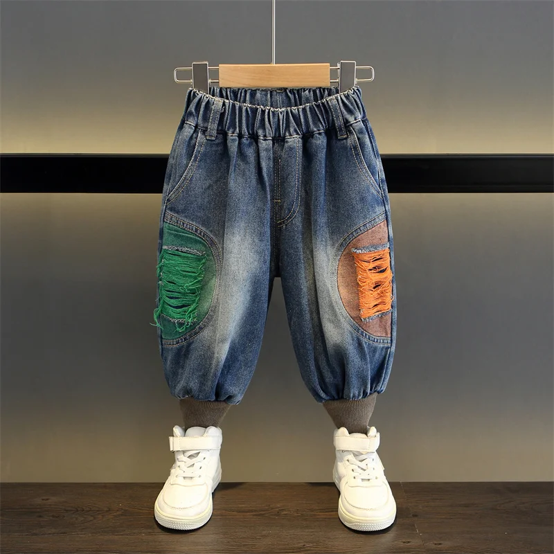 Boys' pants, spring and autumn styles, new trendy baby distressed soft jeans, children's spring casual pants