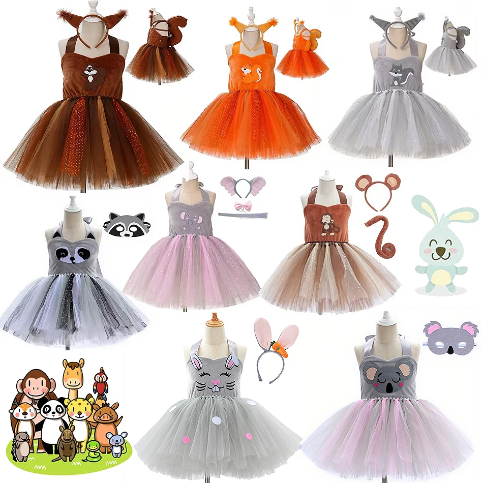 

Kids Cartoon Tutu Mesh Gown Girls Monkey Elephant Squirrel Brown Bear Fox Sling Dress Headwear Sets Children Performance Vestido