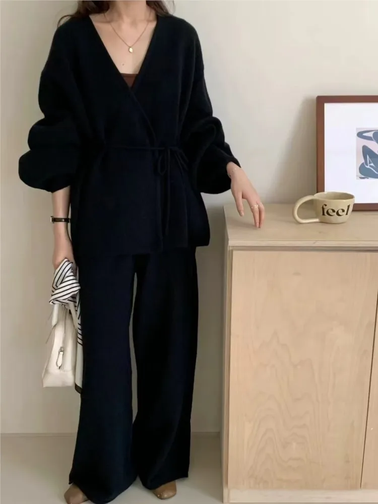 Fashion V-neck Long Sleeve Drawstring Sweater Cardigan And Wide Leg Trousers Casual Women Knitted Two Piece Set Outfits Autumn