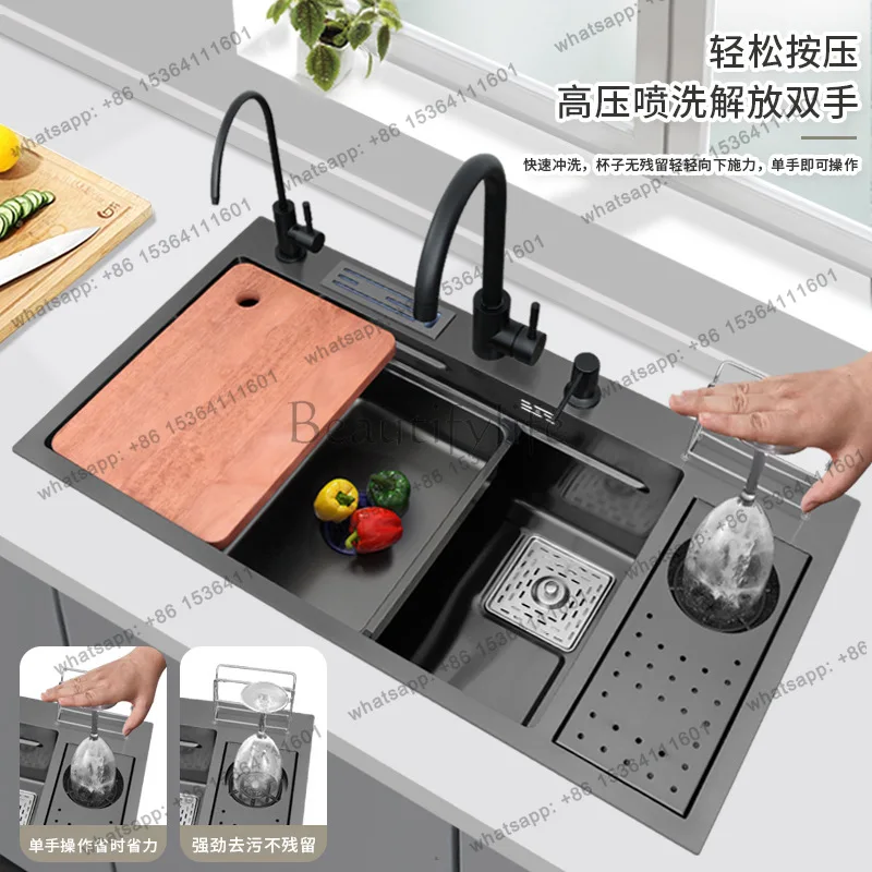 Black Multifunctional Sink with Cup Washer Large Single Sink Undercounter Basin 304 Stainless Steel