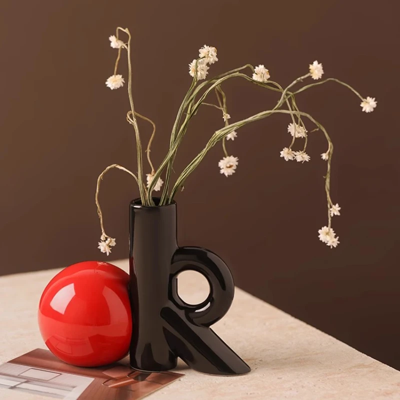 

Retro OK Shape Vase with Red Sphere Bold Artistic Ceramic Flower Holder Vintage Modern Decor Accent for Stylish Home Display