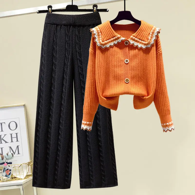 Spring Autumn Korean Fashion Two Piece Sets For Women New Knitwears Cardigan Sweater Matching Casual Wide Leg Pants Set