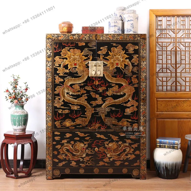 PG New Chinese Style Painted Gold-Painted Wardrobe Hand-painted Elm Wood Ming and Qing Classic Swing Dragon Cabinet Solid Wood