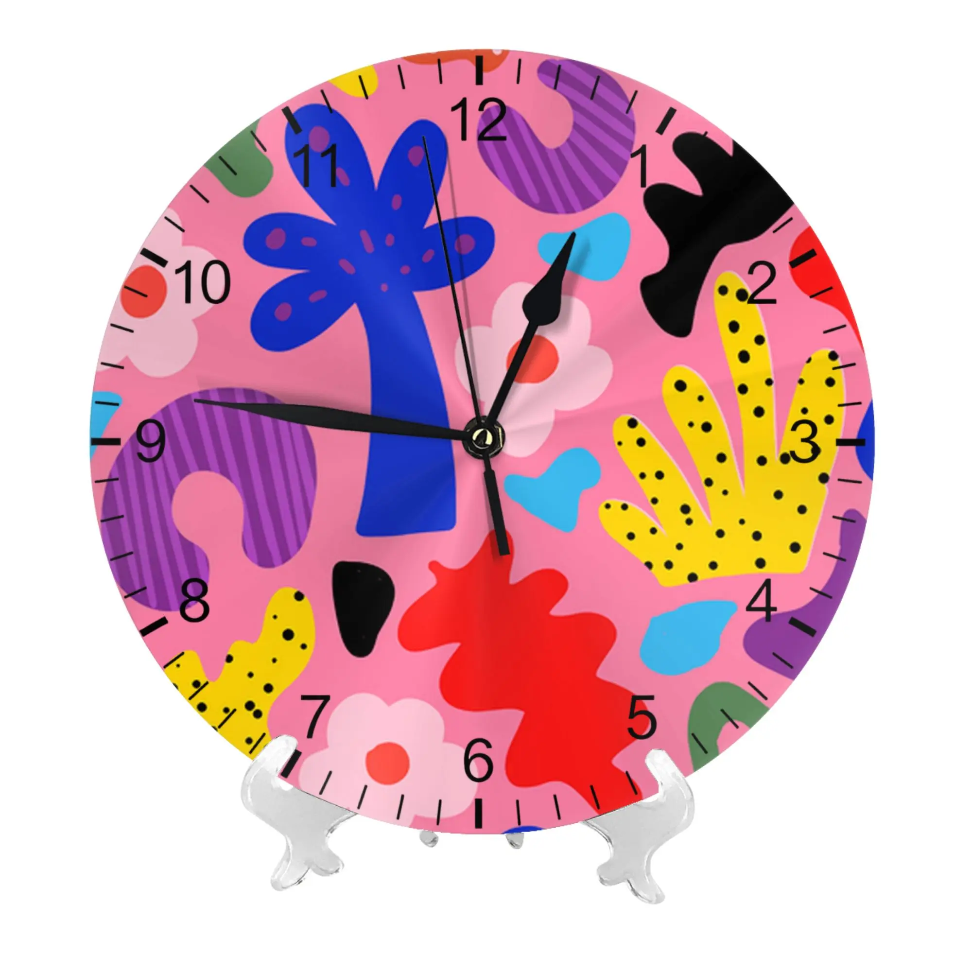 Modern Round Wall Clock Silent Non-Ticking Eco-Friendly Plastic Abstract Floral Print Battery Operated Hanging Clock