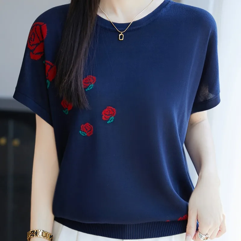 

Women Clothing Vintage Rose Loose Casual T-shirt Summer Short Sleeve O-neck Fashion Simple Top