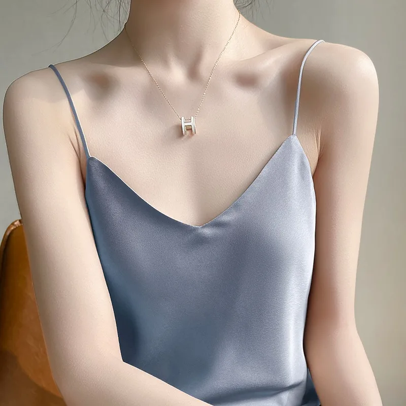 Silk Camisole Vest Women's Inner Match Suit Base Acetate Satin Summer V-neck Design Sexy Outerwear Shirt Commute Style Pure C...
