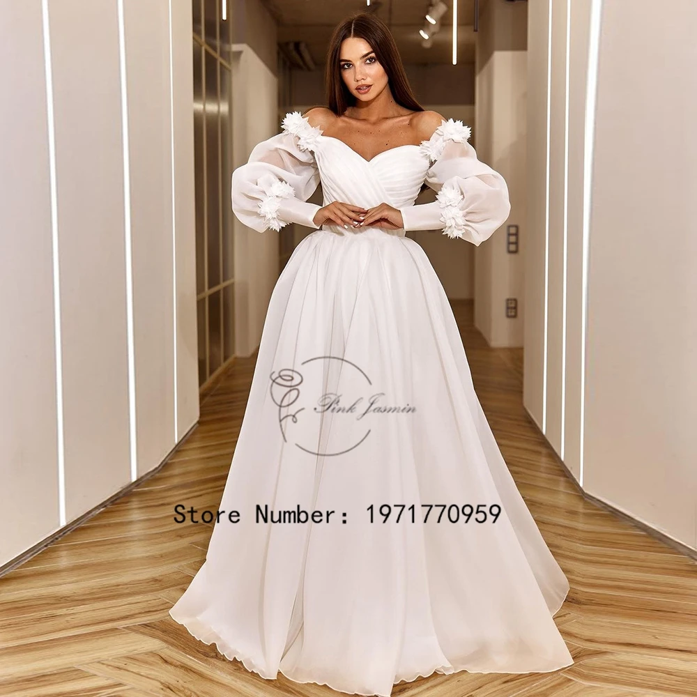 Vestidos de novia blancos con escote corazón para mujer, mangas simples 3/4, apliques de encaje, vestidos de novia con gasa, novedad de 2024