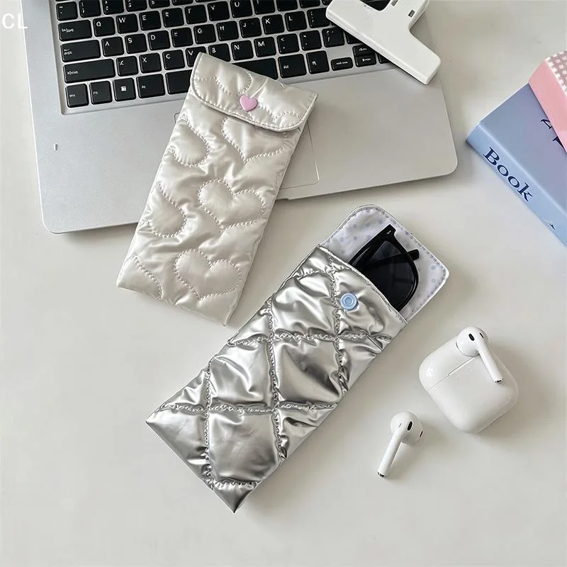Sunglasses Pouch Quilted Satin Heart Embossed Eyeglasses Storage Case Snap Button Portable Lightweight Eyewear Carry Case