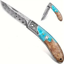 Pocket knife, folding knife, small outdoor folding knife, 5CR15 steel two handed knife, Damascus pocket knife (pear wood handle)