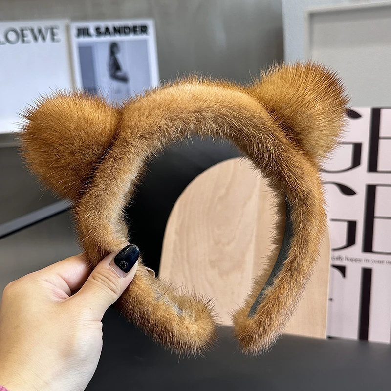 Cute Real Mink Fur Cat Ears Headband For Women 100%Fur Plush Hair Accessories Solid Head Wraps Luxury Girlfriend Gift Winter