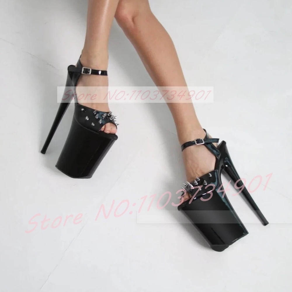 

Women's 20cm Heels Sandals With Silver Spike Platform Extre High Heels Ankle Strap Open Toe Female Sexy Edgy Bold Punk Sandals