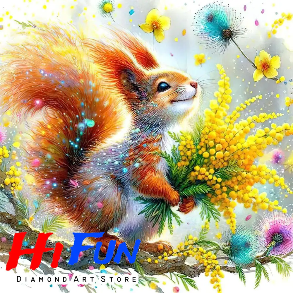 

5D Diamond Painting Animal Squirrel Mimosa Flower Full Square Drill Embroidery DIY Handicraft Autumn Woodland Animal Poster