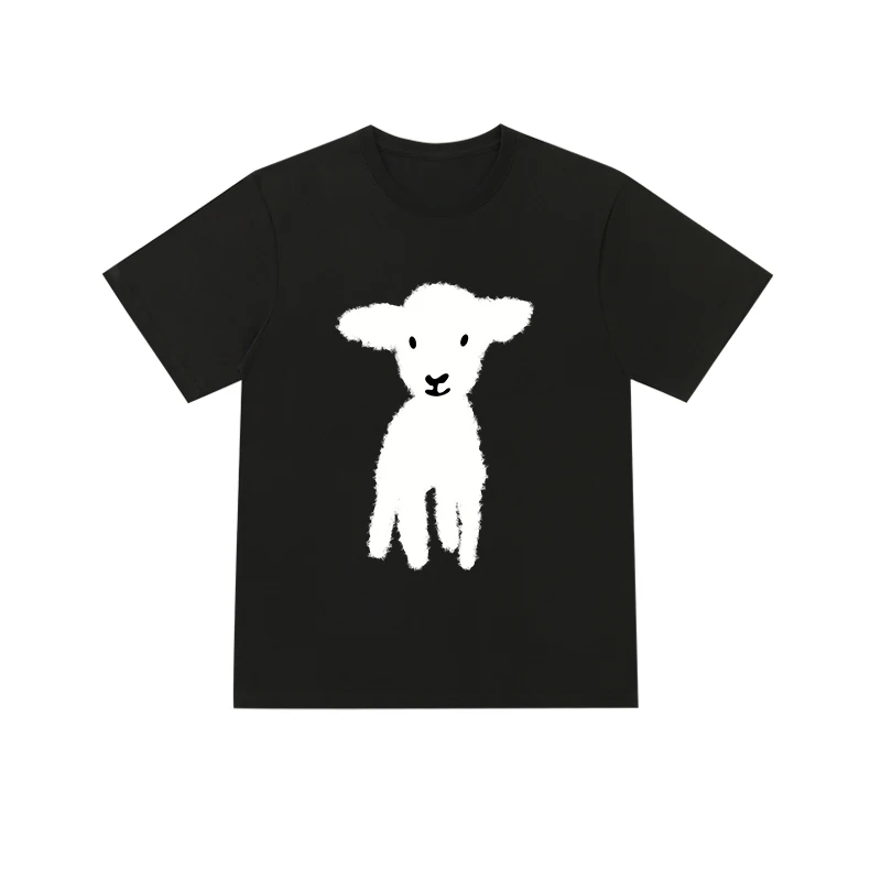 

Trendy cute cartoon lamb mens and womens pure cotton short-sleeved t-shirt loose retro summer t-shirt