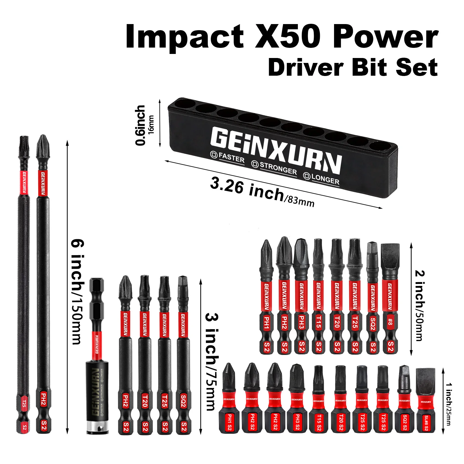 Geinxurn Mixed  1''/2''/3''/6'' Impact Tough Screwdriver Power Bit Set ,S2 Alloy Steel Bit with Storage Organizer