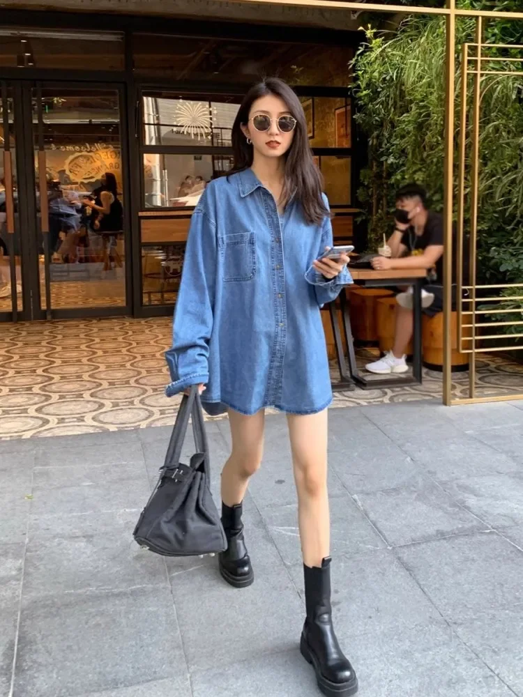 Minimalist Denim Shirt Women's Autumn And Winter New Korean Version Blue Lapel Long Sleeved Loose Top