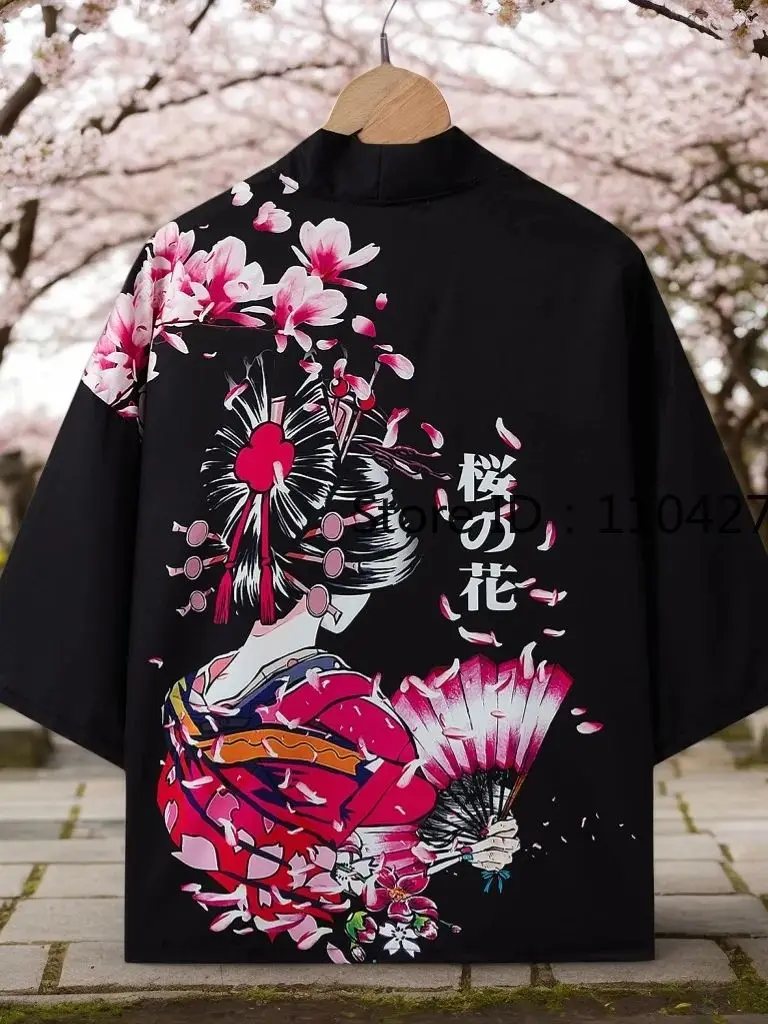 سترة يابانية تقليدية مطبوعة بزهر الكرز كيمونو للرجال والنساء سترة كيمونو سوداء هاراجوكو ملابس الشاطئ