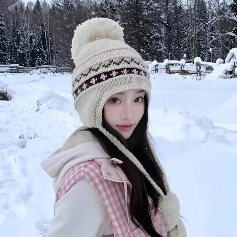 【B】Womens Winter Knitted Earflap Hat Faux Fur Pom Pom Geometric Pattern For Skiing Hiking Cold Weather Outdoor Use
