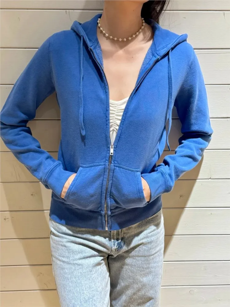 

Электрический синий худи на молнии для женщин, осенний, свободный крой, с карманами, на шнурке, винтажный, милый, в стиле преппи, Y2K, толстовка-куртка