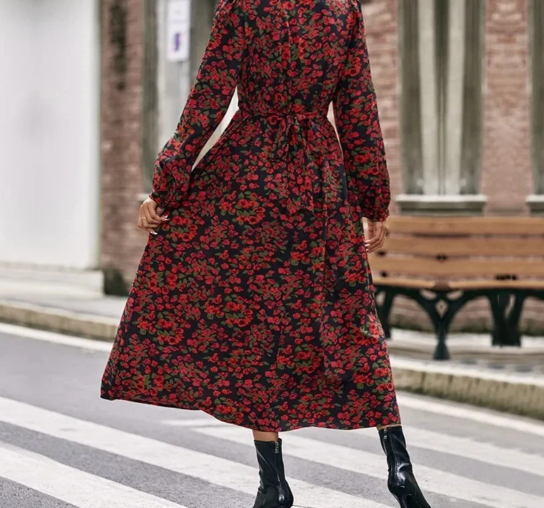 Decote em v fibra de poliéster estação independente primavera outono feminino moda elegante vermelho floral impressão manga longa vestido midi saia