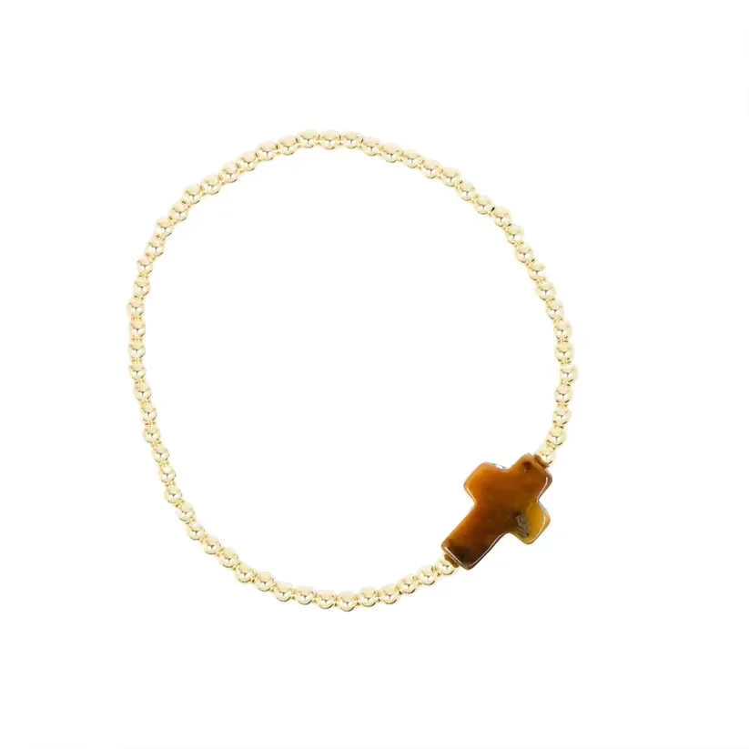 Kreuz-Armbänder für Frauen, Naturstein, 18K vergoldet, 3mm Kugelperlen, christlicher Schmuck, religiöses Geschenk, Boho, zierlich, verstellbar – Detail 4